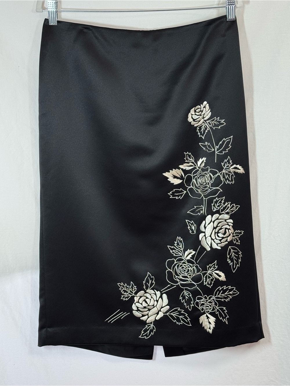 LOFT Black Satin Midi Pencil Skirt Embroidered Floral Sophisticated